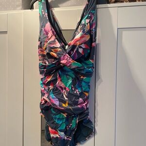 CALIA Women's Seamed Power Sculpt One Piece Aqua Multi Floral